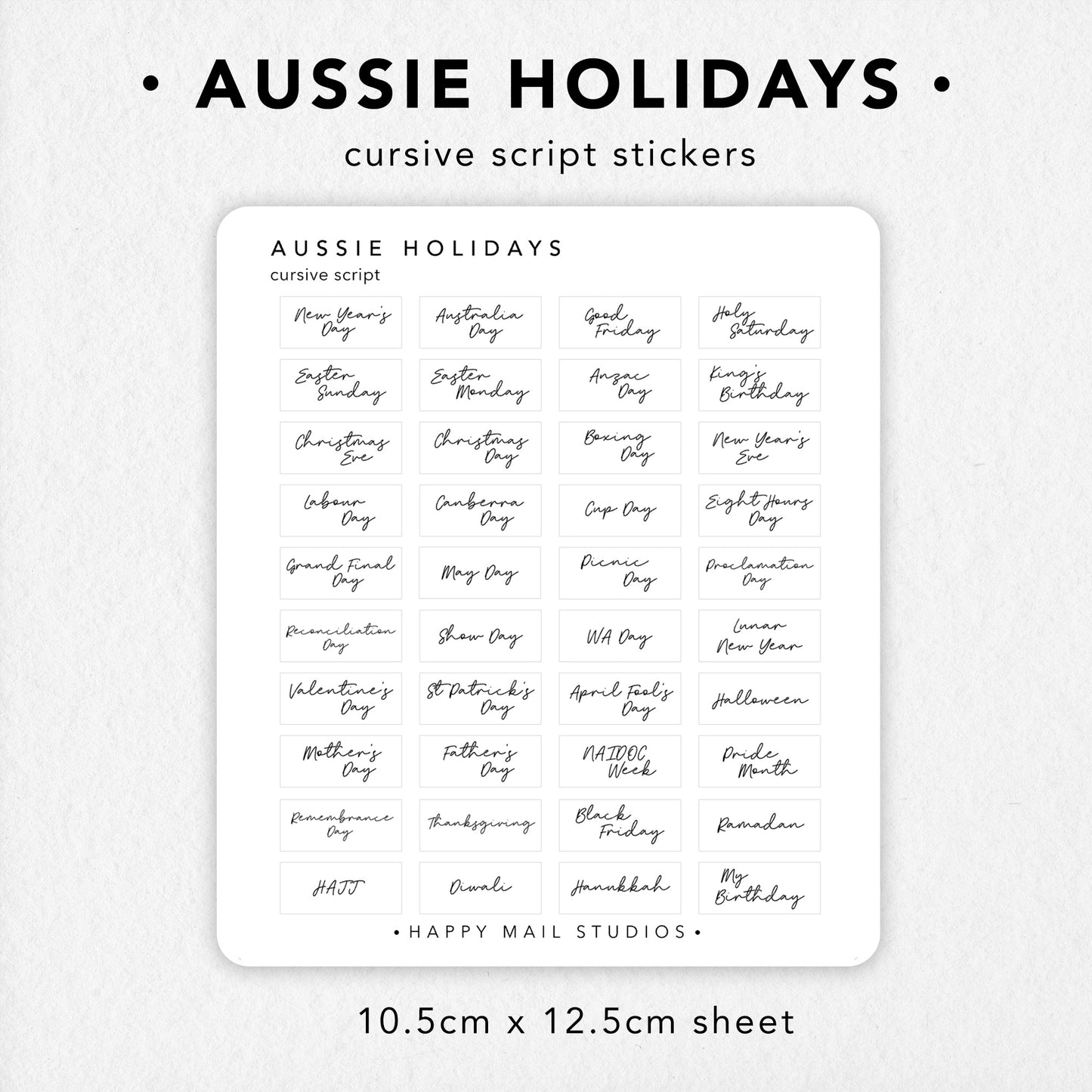 Australian Holidays stickers in Cursive Script minimal style to customise your planners and bullet journals