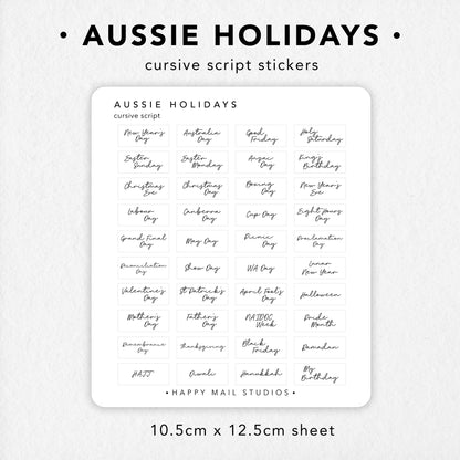 Australian Holidays stickers in Cursive Script minimal style to customise your planners and bullet journals