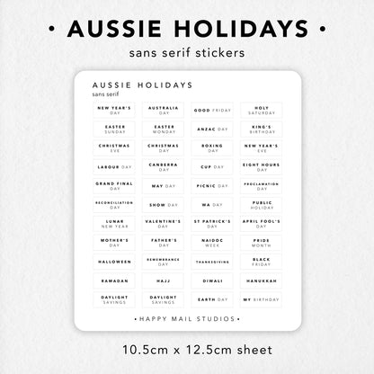 Australian Holidays stickers in Sans Serif minimal style to customise your planners and bullet journals