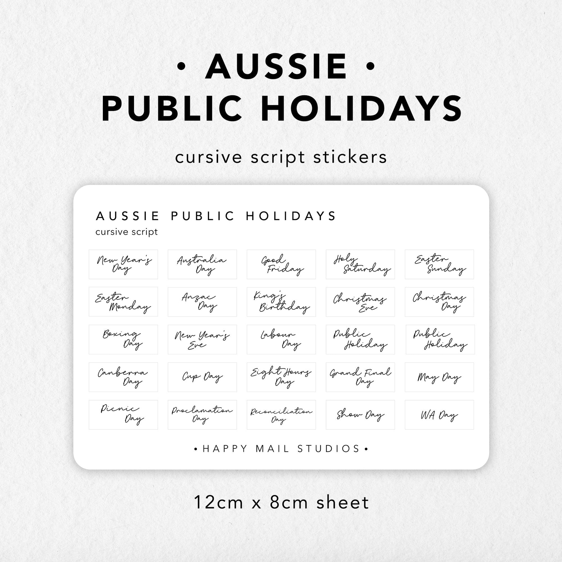 Australian Public Holidays stickers in Cursive Script minimal style to customise your planners and bullet journals