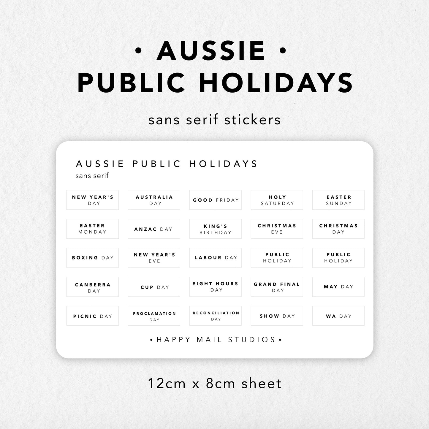 Australian Public Holidays stickers in Sans Serif minimal style to customise your planners and bullet journals