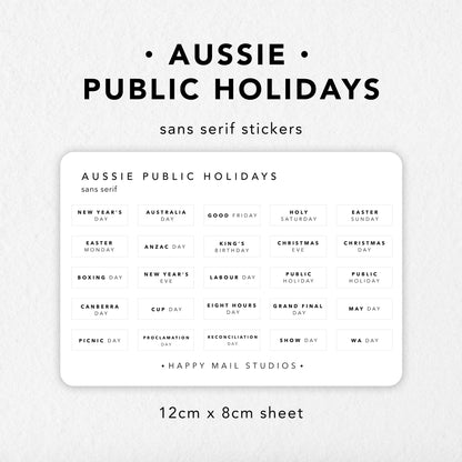 Australian Public Holidays stickers in Sans Serif minimal style to customise your planners and bullet journals