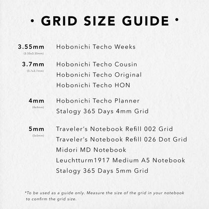 Week strip stickers are perfect for bullet journaling. Available in grid sizes 3.55mm, 3.7mm, 4mm and 5mm. Week strip stickers are suitable for Hobonichi planners, Stalogy notebooks, Traveler's Notebooks, Midori notebooks and Leuchtturm1917 notebooks.