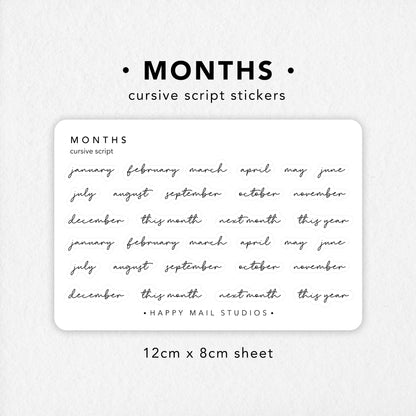 Months cursive script stickers for your journal or planners