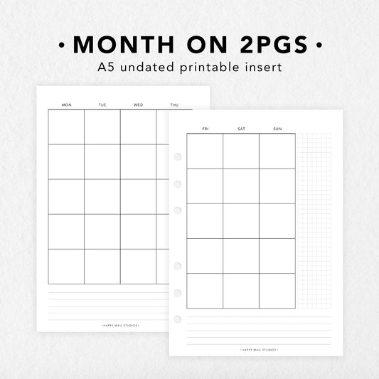 Printable Month on 2 Pages Inserts